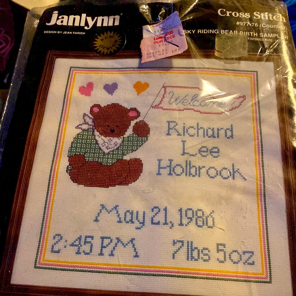 VTG new opened janlynn Crosstitch number 977–76 sky riding bear birth sampler